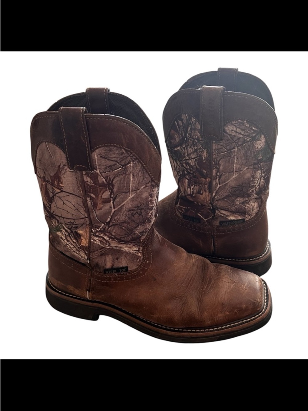 Justin Original Work Boots Mens 10EE Steel Toe Brown Camo Pull On AC1003 Wide